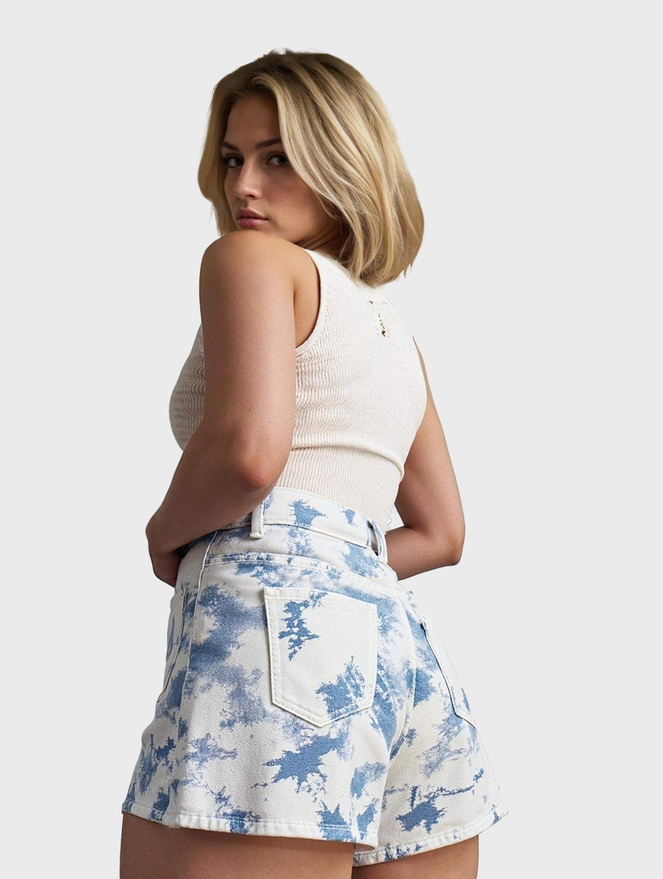Women’s Denim Shorts – Mid-Low Waist Snowflake & Blue Tie-Dye, Hip-Lifting Slim Casual Summer Shorts