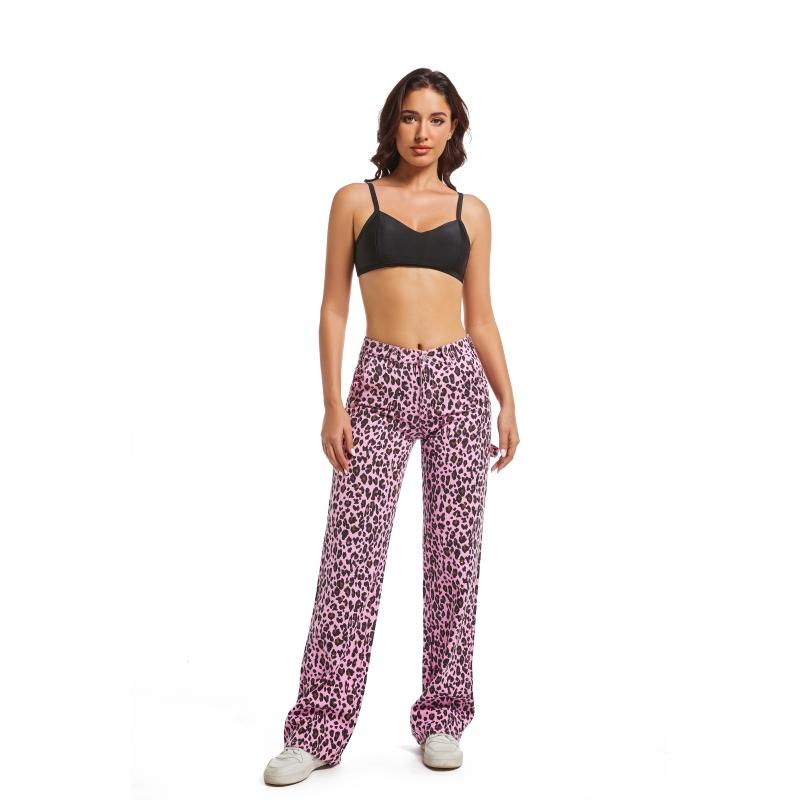 Women’s Leopard Print Wide-Leg Pants – Mid-Low Rise, Loose Straight Fit, Casual Everyday Comfort Trousers