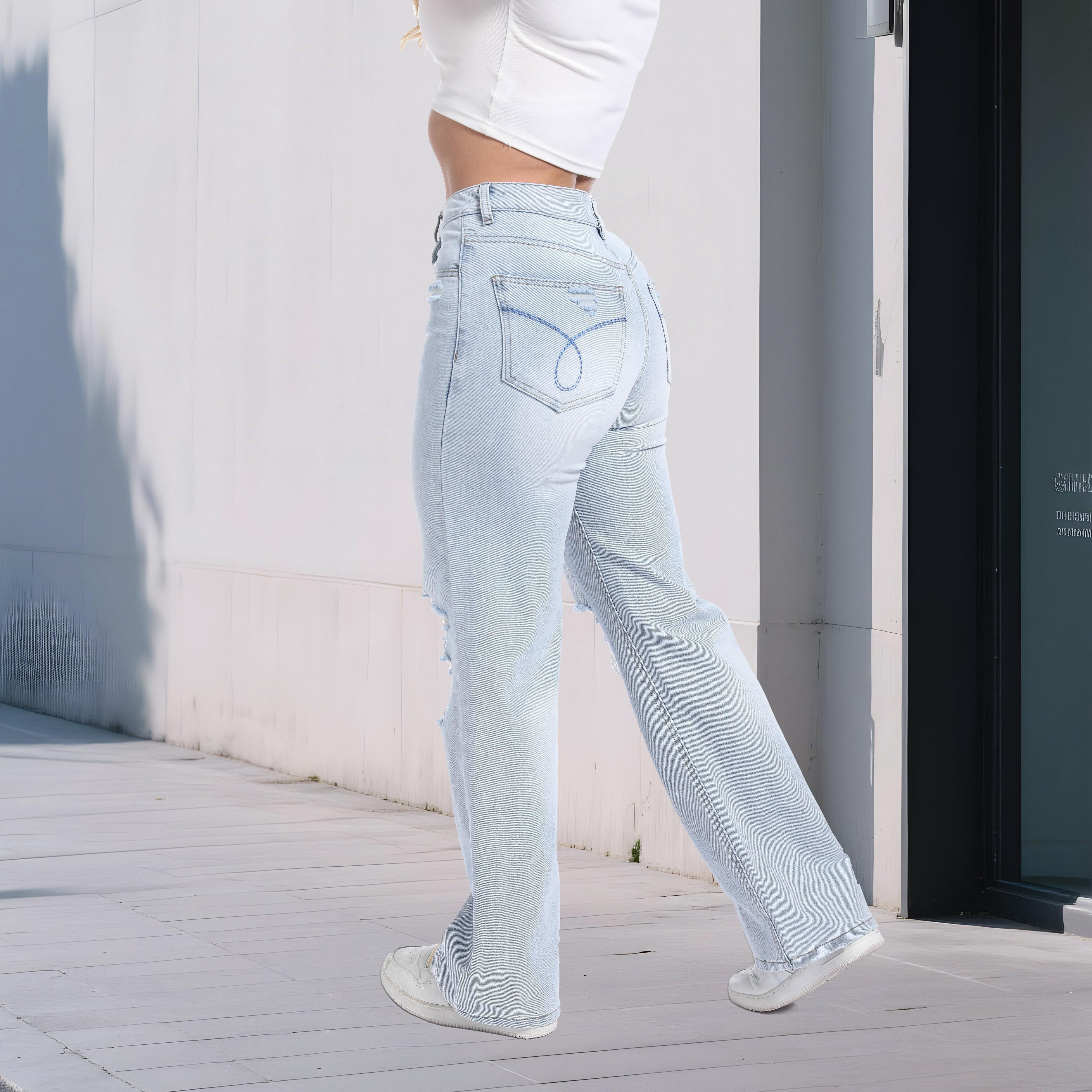 Women’s Distressed Mid-Low Rise Jeans – Stretchy Straight-Leg Relaxed Fit