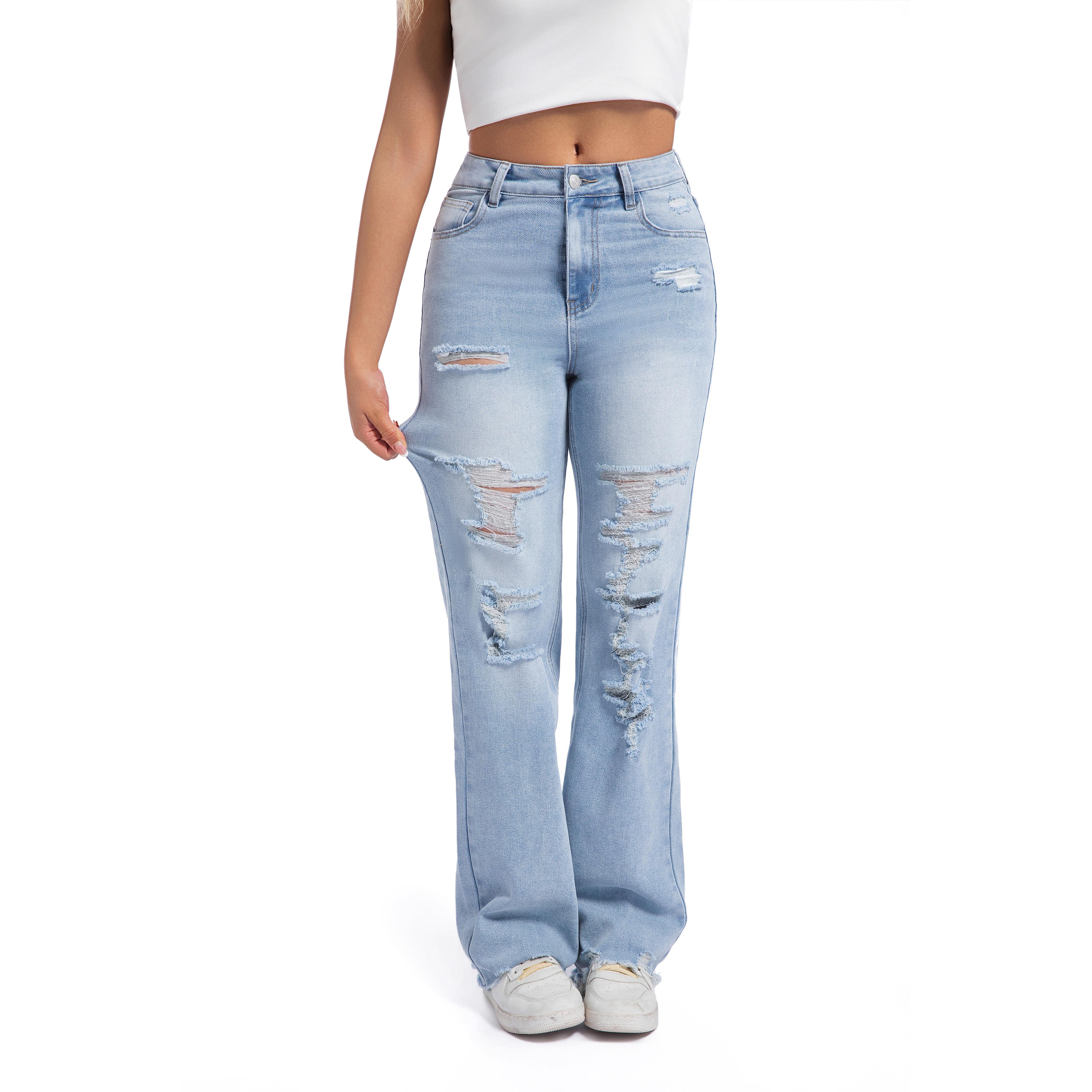 Women’s Ripped Jeans – Mid-Low Rise Stretch Straight-Leg Loose Fit Pants