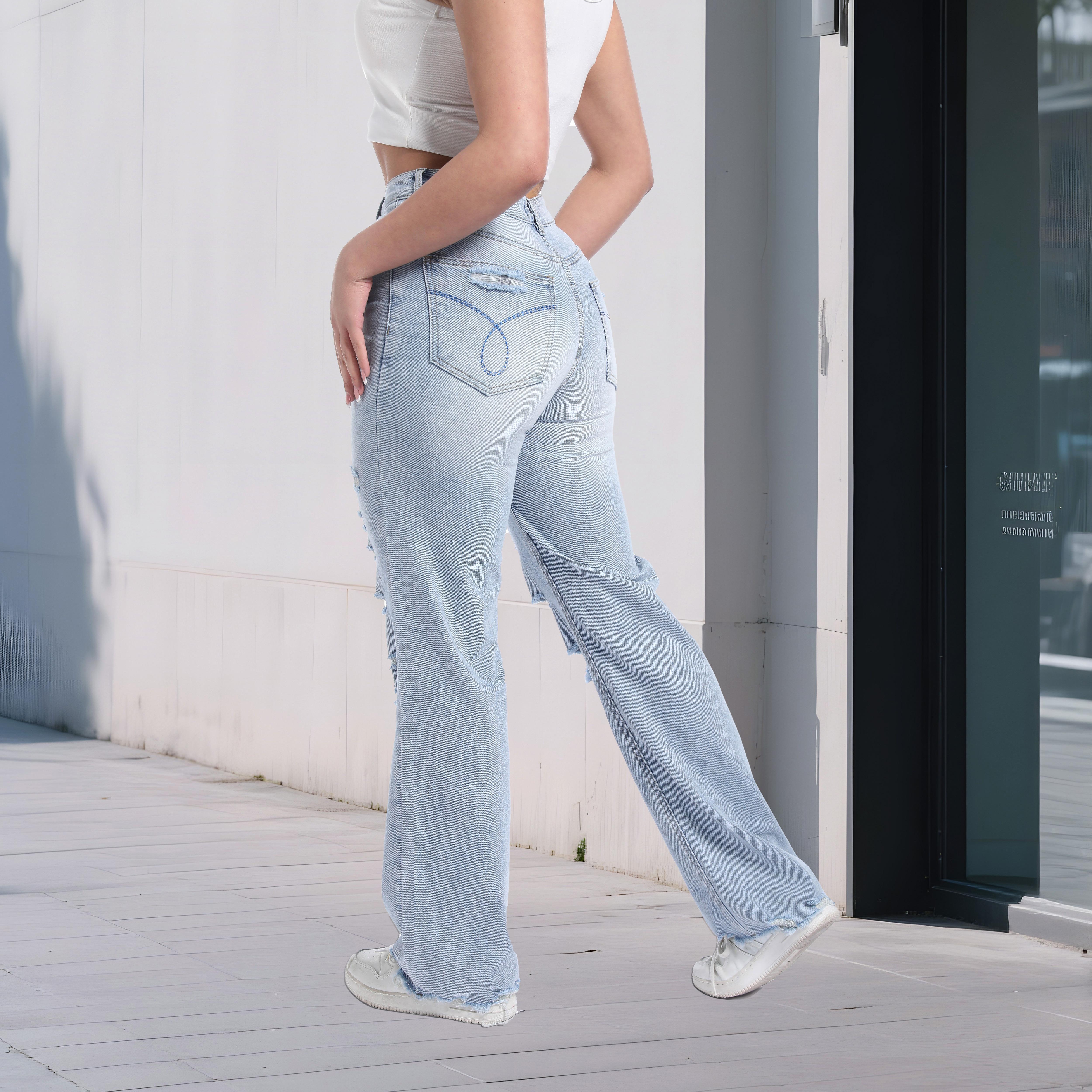 Women’s Distressed Mid-Low Rise Jeans – Stretchy Straight-Leg Relaxed Fit