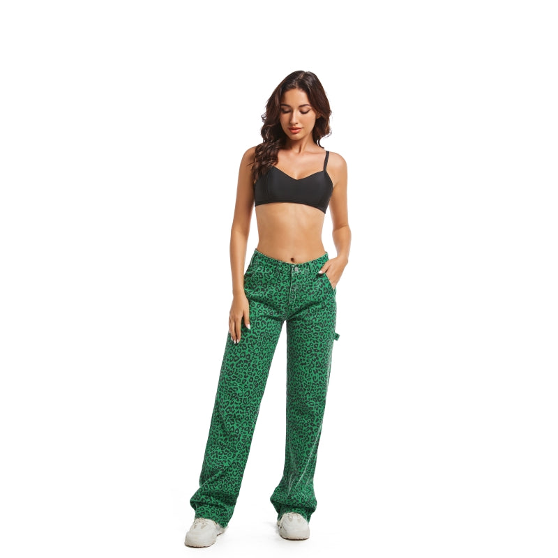 Women’s Leopard Print Wide-Leg Pants – Mid-Low Rise, Loose Straight Fit, Casual Everyday Comfort Trousers