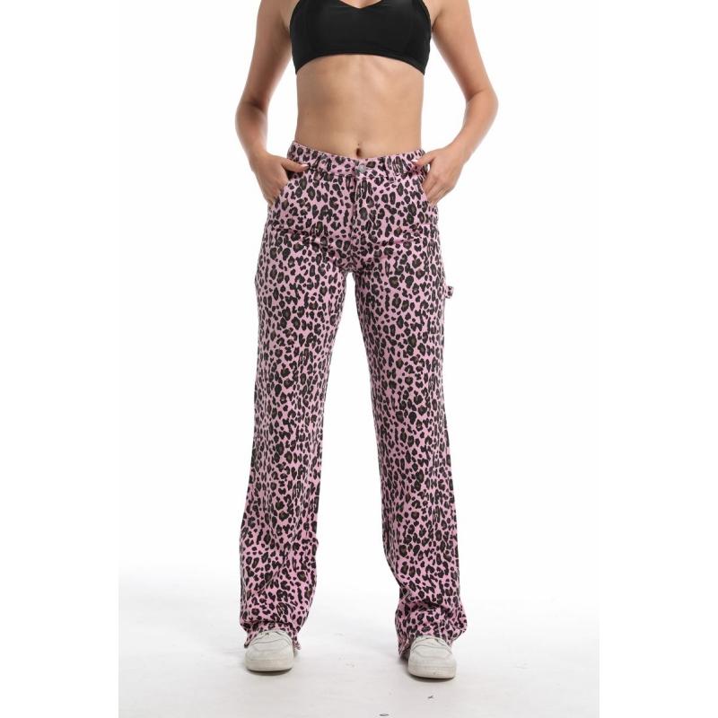 PinkyMoor Pink Leopard Print Jeans Wide Leg Pants Womenswear Trouser cheetah print