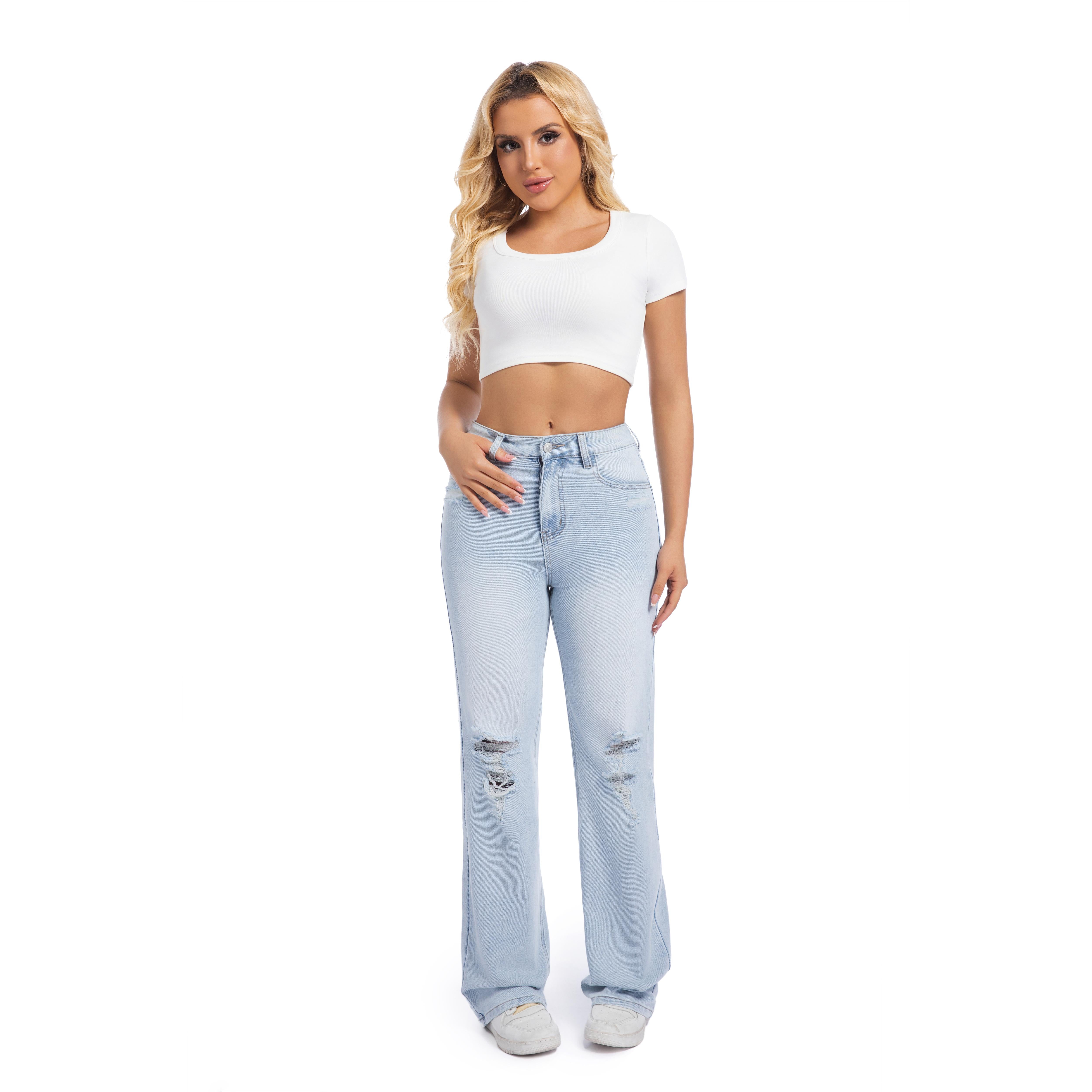 Women’s Distressed Mid-Low Rise Jeans – Stretchy Straight-Leg Relaxed Fit