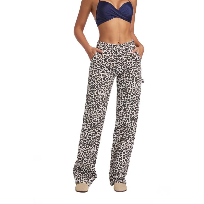 Women’s Leopard Print Wide-Leg Pants – Mid-Low Rise, Loose Straight Fit, Casual Everyday Comfort Trousers