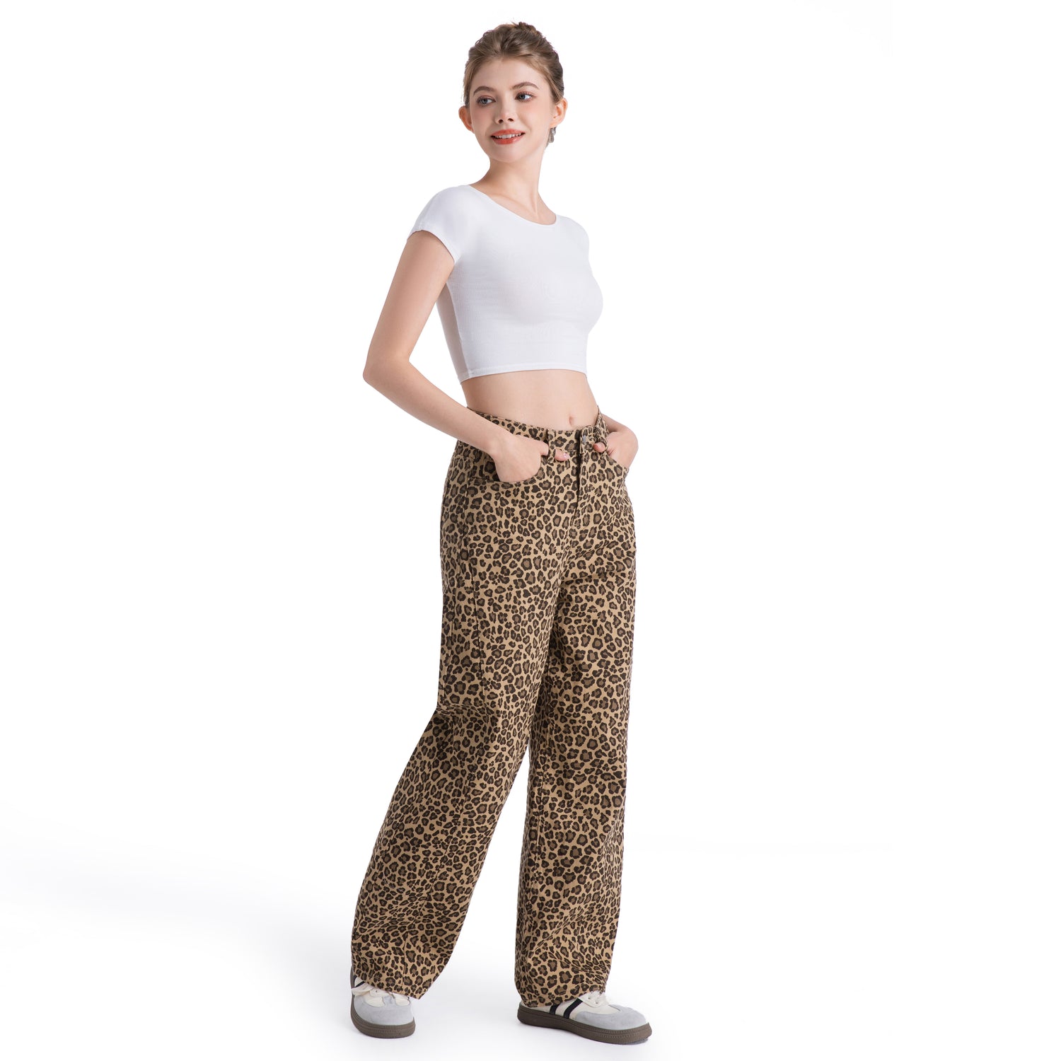 Khaki Leopard Print  "Banana Curved Wide leg Shape"  Pants Fashion Slim Fit Casual Cargo Trousers for Women