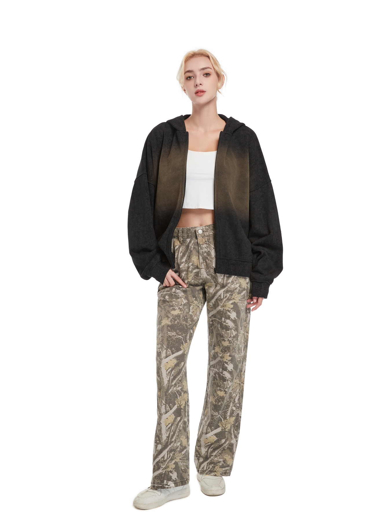 100% Combo Cotton French Terry Zipper Hoodie Cardigan with Low-Key Leopard Print & Spray PP Effect