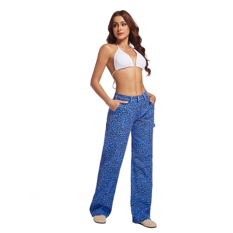 Women’s Leopard Print Wide-Leg Pants – Casual Mid-Low Waist Straight Fit, Comfortable Daily Wear