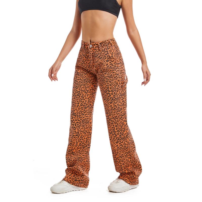 Colorful Leopard Print Mid-Rise Straight Leg Pants 100% Cotton