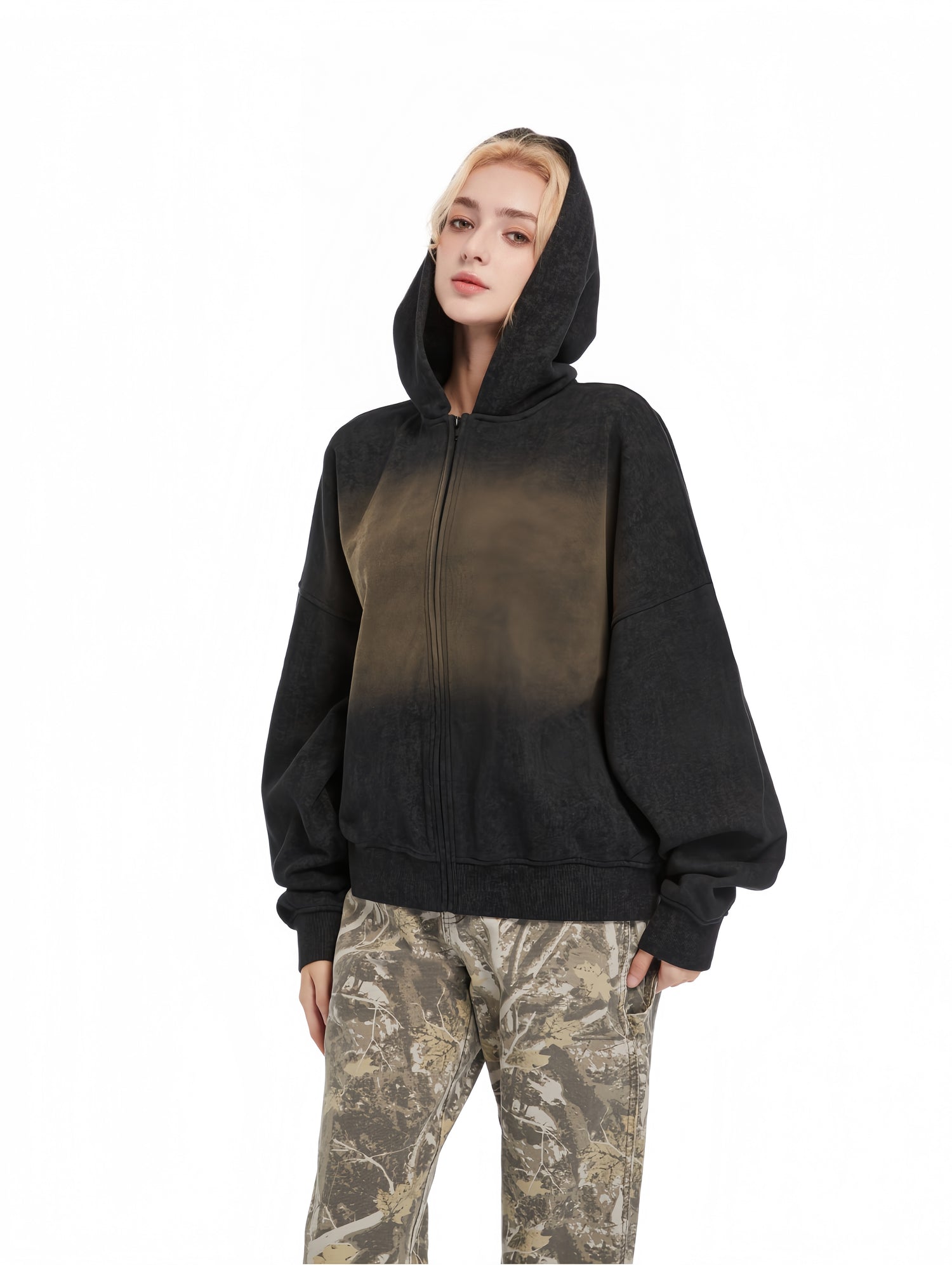 100% Combo Cotton French Terry Zipper Hoodie Cardigan with Low-Key Leopard Print & Spray PP Effect