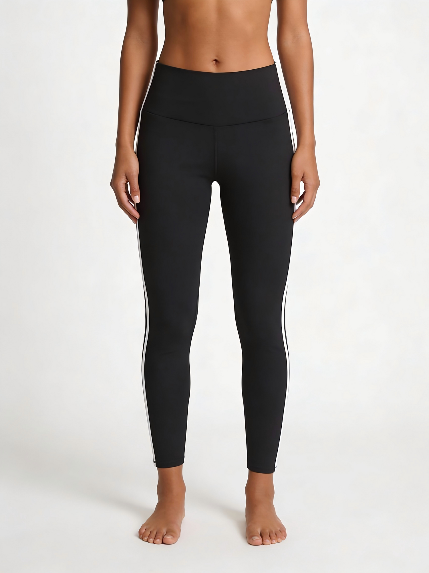 Black Yoga Leggings with Contrast White Side Stripes Butt-Lifting Slim Fit Pants