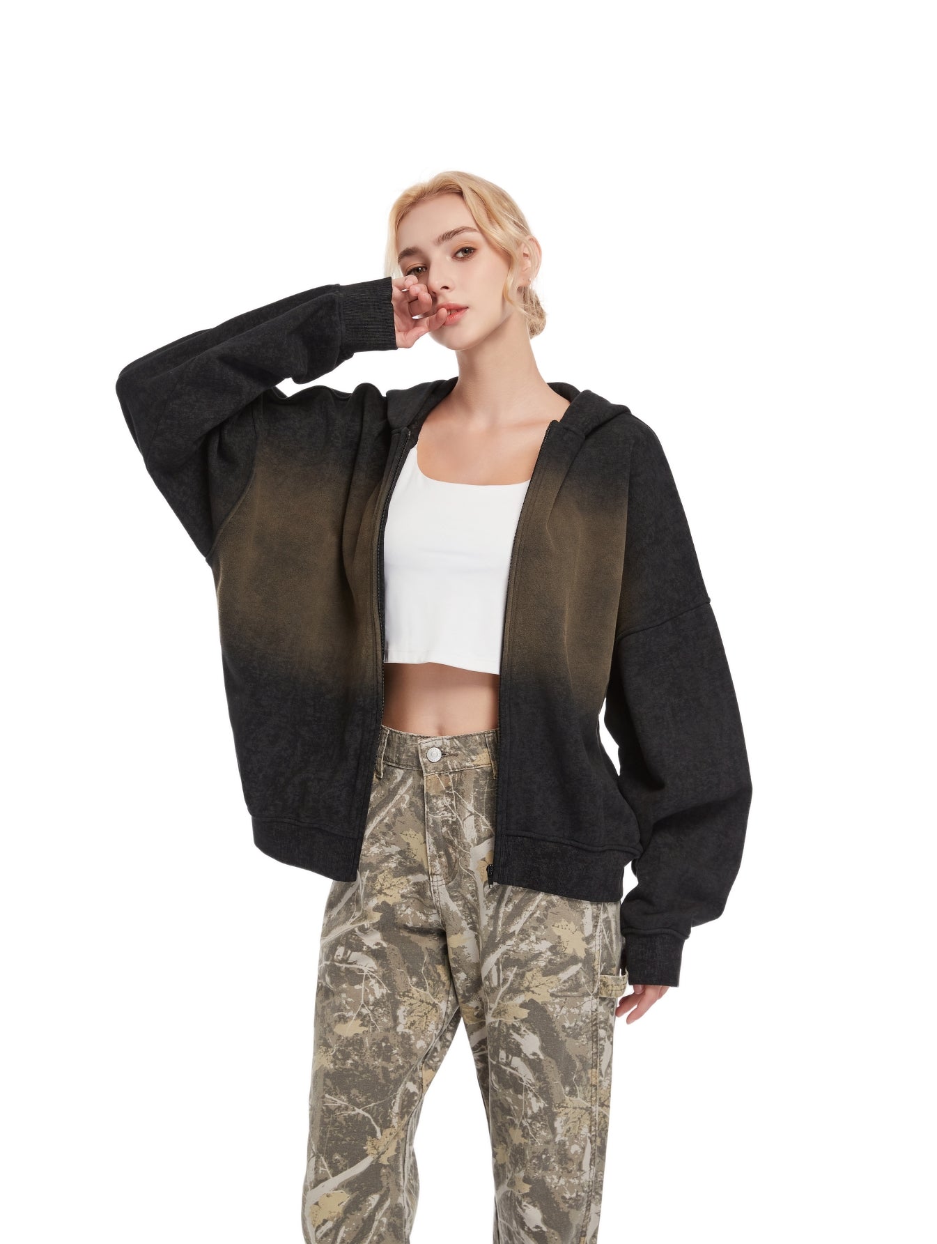 100% Combo Cotton French Terry Zipper Hoodie Cardigan with Low-Key Leopard Print & Spray PP Effect
