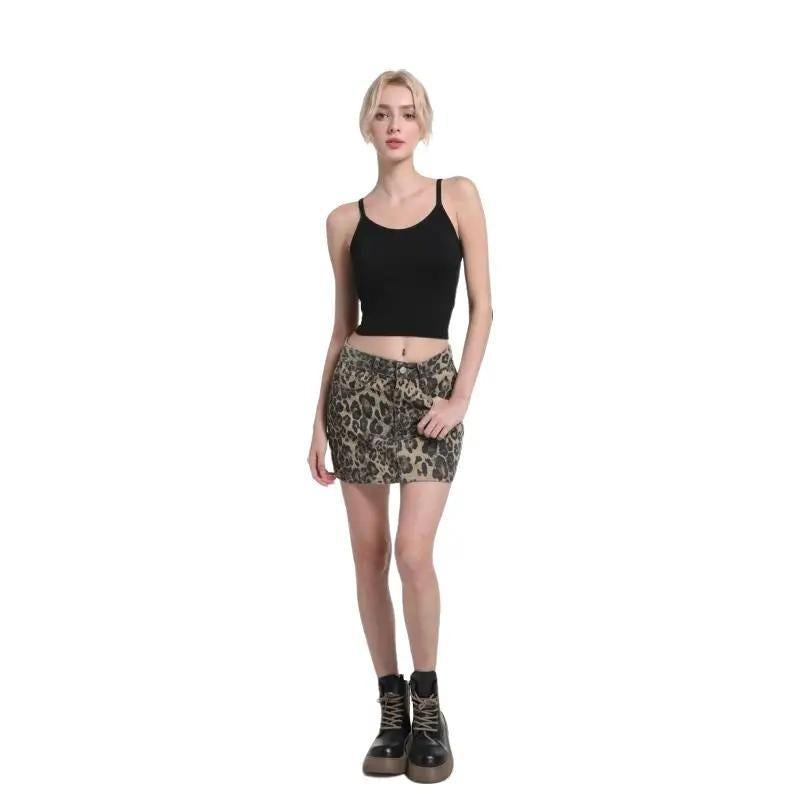 Women’s Leopard Denim Skirt – Mid-Low Rise Short Cheetah Print, Fashionable Casual Denim Skirt