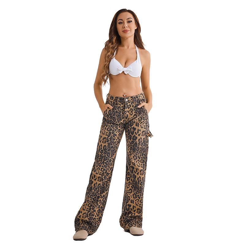 Women’s Leopard Print Wide-Leg Pants – Mid-Low Rise, Loose Straight Fit, Casual Everyday Comfort Trousers