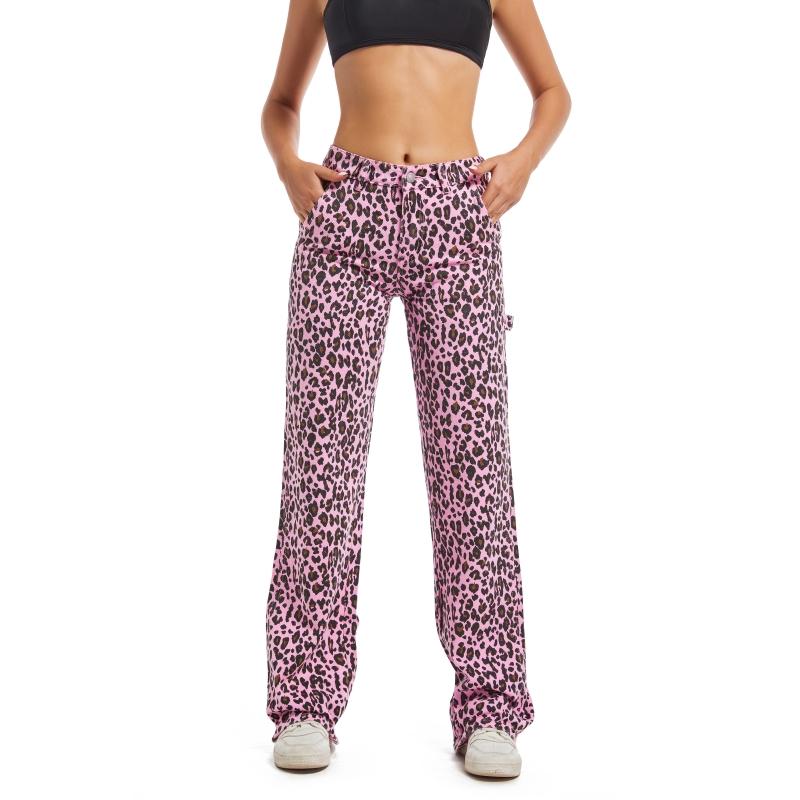 PinkyMoor Pink Leopard Print Jeans Wide Leg Pants Womenswear Trouser cheetah  print