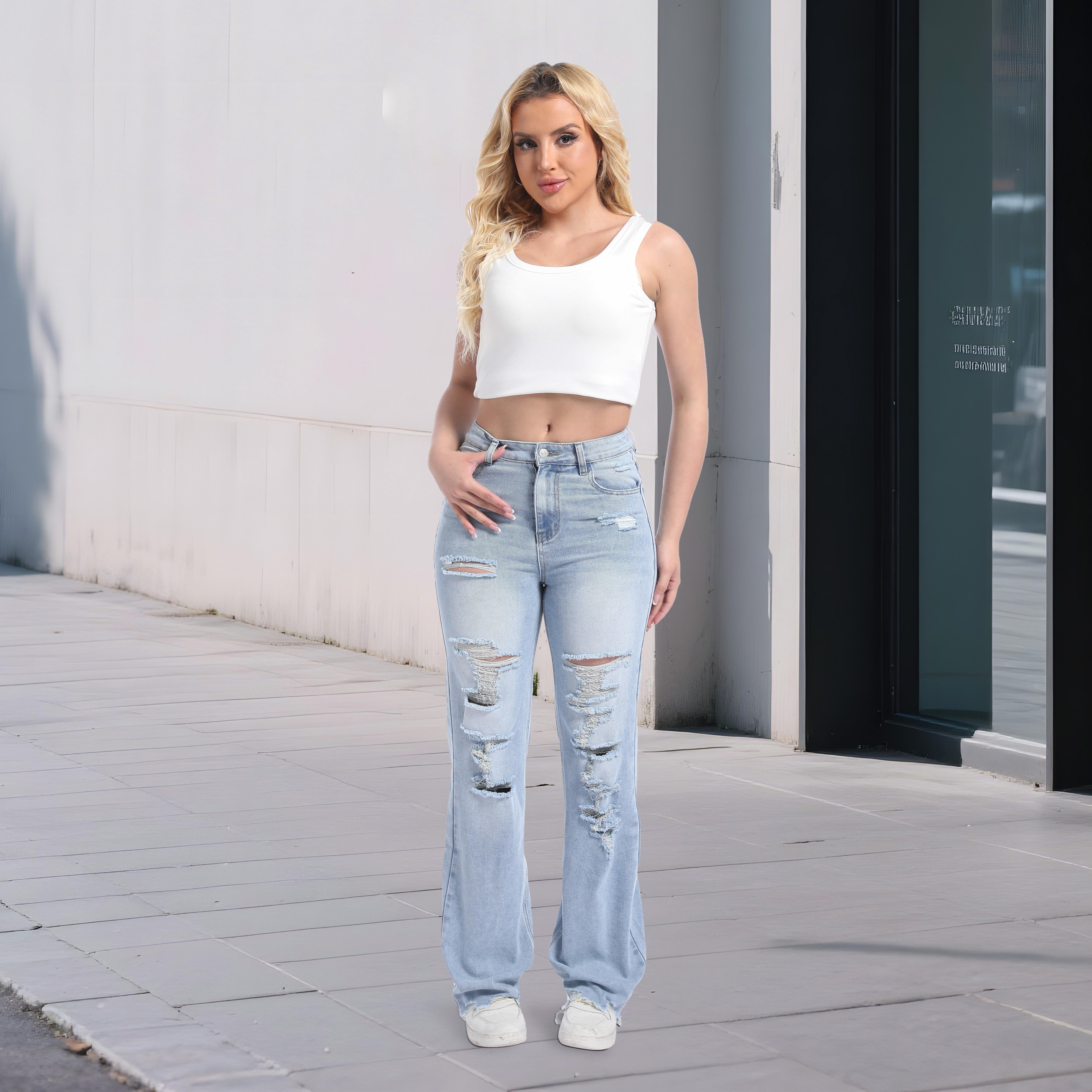 Women’s Distressed Mid-Low Rise Jeans – Stretchy Straight-Leg Relaxed Fit